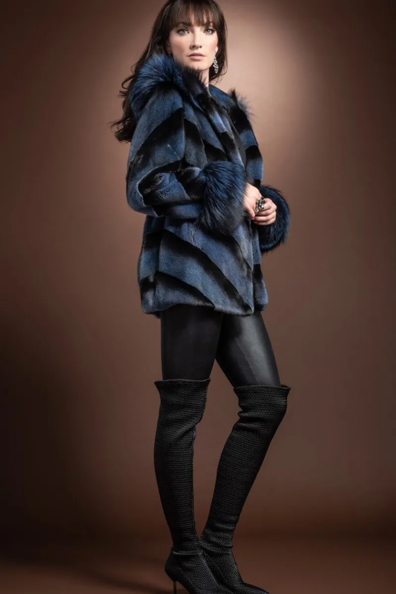Hooded Directional Chevron Mink Fur Jacket - Fox Fur Hood Trim and Cuffs Women Fur Jackets