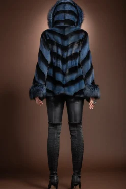 Hooded Directional Chevron Mink Fur Jacket - Fox Fur Hood Trim and Cuffs Women Fur Jackets