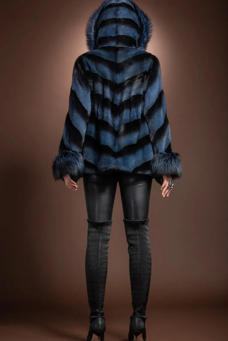 Hooded Directional Chevron Mink Fur Jacket - Fox Fur Hood Trim and Cuffs Women Fur Jackets