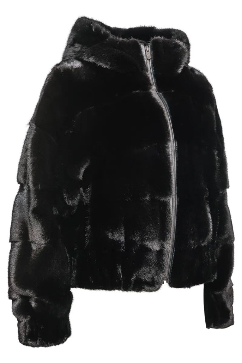 Online Hooded Horizontal Mink Fur Bomber Jacket Women Fur Jackets