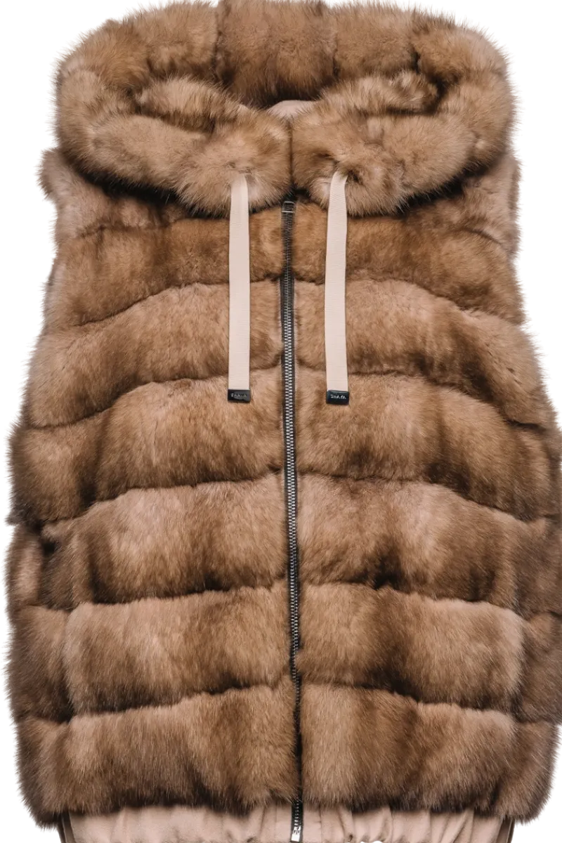 Best Hooded Reversible Tortora Sable Fur Vest - Loro Piana Cashmere Women Fur Jackets