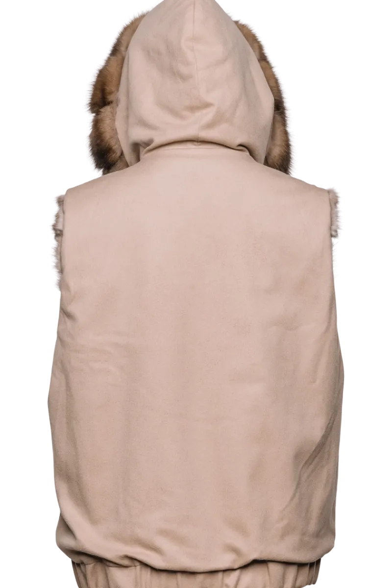 Best Hooded Reversible Tortora Sable Fur Vest - Loro Piana Cashmere Women Fur Jackets