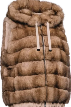 Best Hooded Reversible Tortora Sable Fur Vest - Loro Piana Cashmere Women Fur Jackets