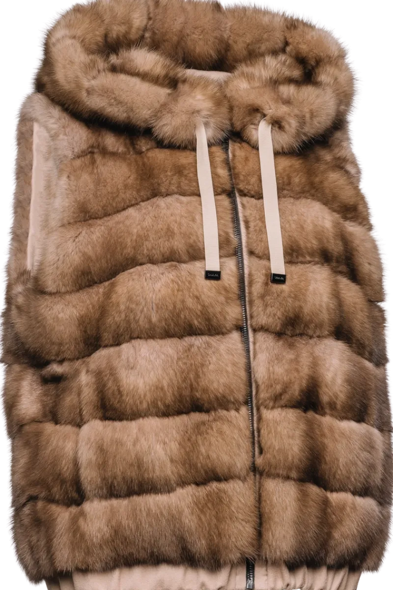 Best Hooded Reversible Tortora Sable Fur Vest - Loro Piana Cashmere Women Fur Jackets