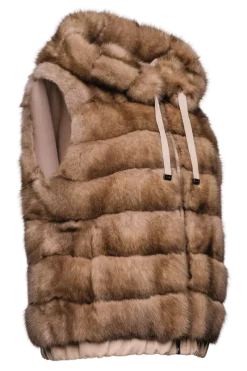 Best Hooded Reversible Tortora Sable Fur Vest - Loro Piana Cashmere Women Fur Jackets