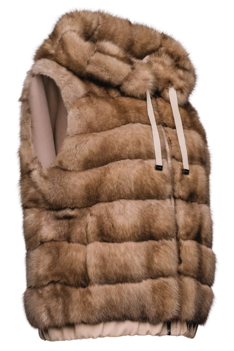Best Hooded Reversible Tortora Sable Fur Vest - Loro Piana Cashmere Women Fur Jackets