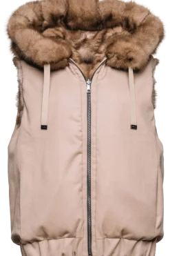 Best Hooded Reversible Tortora Sable Fur Vest - Loro Piana Cashmere Women Fur Jackets