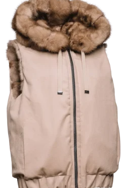 Best Hooded Reversible Tortora Sable Fur Vest - Loro Piana Cashmere Women Fur Jackets