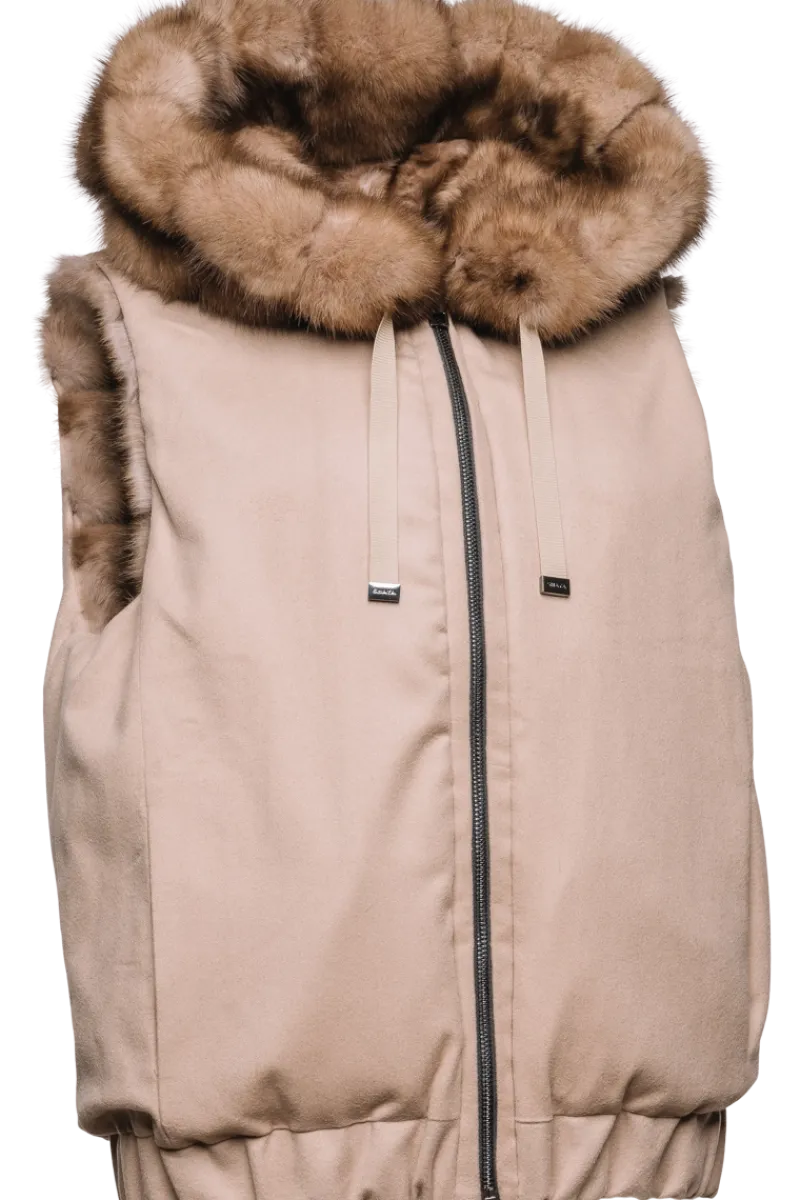 Best Hooded Reversible Tortora Sable Fur Vest - Loro Piana Cashmere Women Fur Jackets