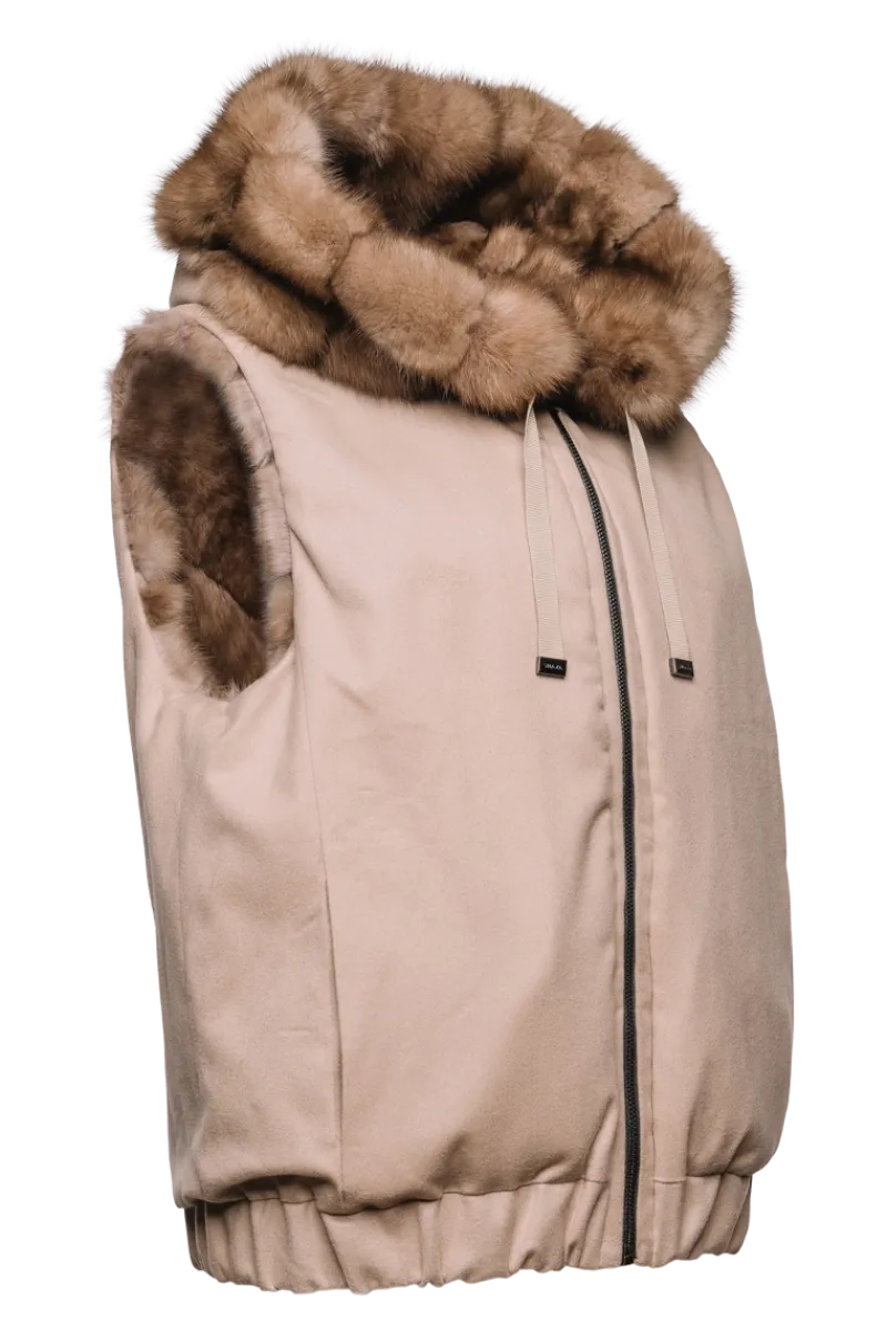 Best Hooded Reversible Tortora Sable Fur Vest - Loro Piana Cashmere Women Fur Jackets