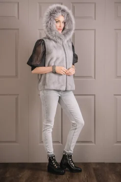 Discount Hooded Zip-Up Mink Fur Vest - Fox Fur Hood Trim Women Mink|Fur Vests