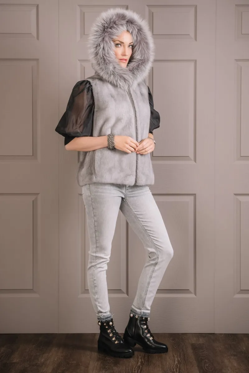 Discount Hooded Zip-Up Mink Fur Vest - Fox Fur Hood Trim Women Mink|Fur Vests