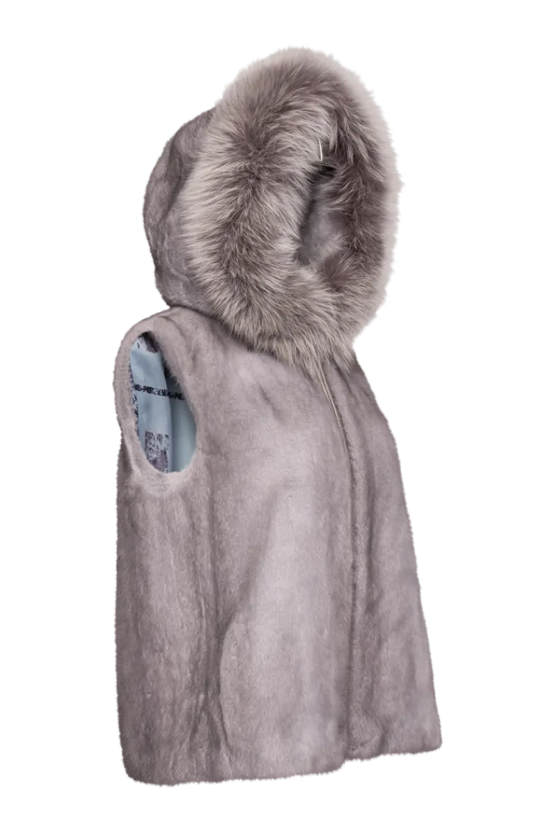 Discount Hooded Zip-Up Mink Fur Vest - Fox Fur Hood Trim Women Mink|Fur Vests