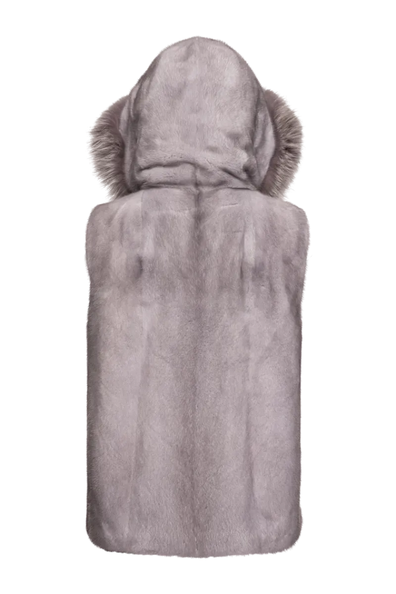 Discount Hooded Zip-Up Mink Fur Vest - Fox Fur Hood Trim Women Mink|Fur Vests