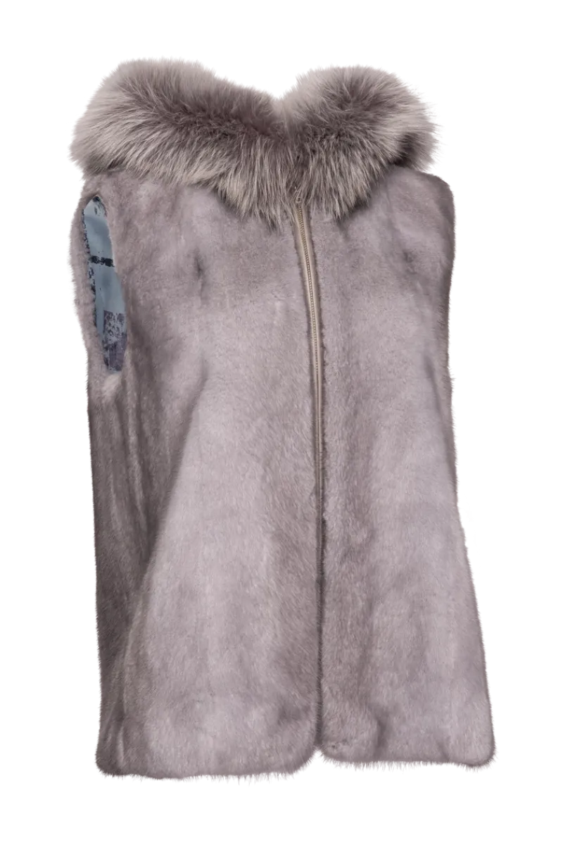 Discount Hooded Zip-Up Mink Fur Vest - Fox Fur Hood Trim Women Mink|Fur Vests
