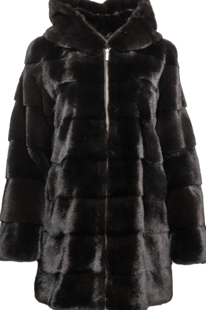 Horizontal Hooded Mink Fur Parka Women Fur Jackets