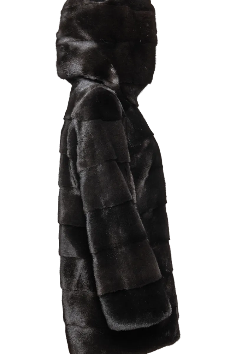 Horizontal Hooded Mink Fur Parka Women Fur Jackets