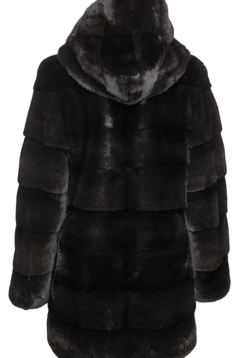 Horizontal Hooded Mink Fur Parka Women Fur Jackets