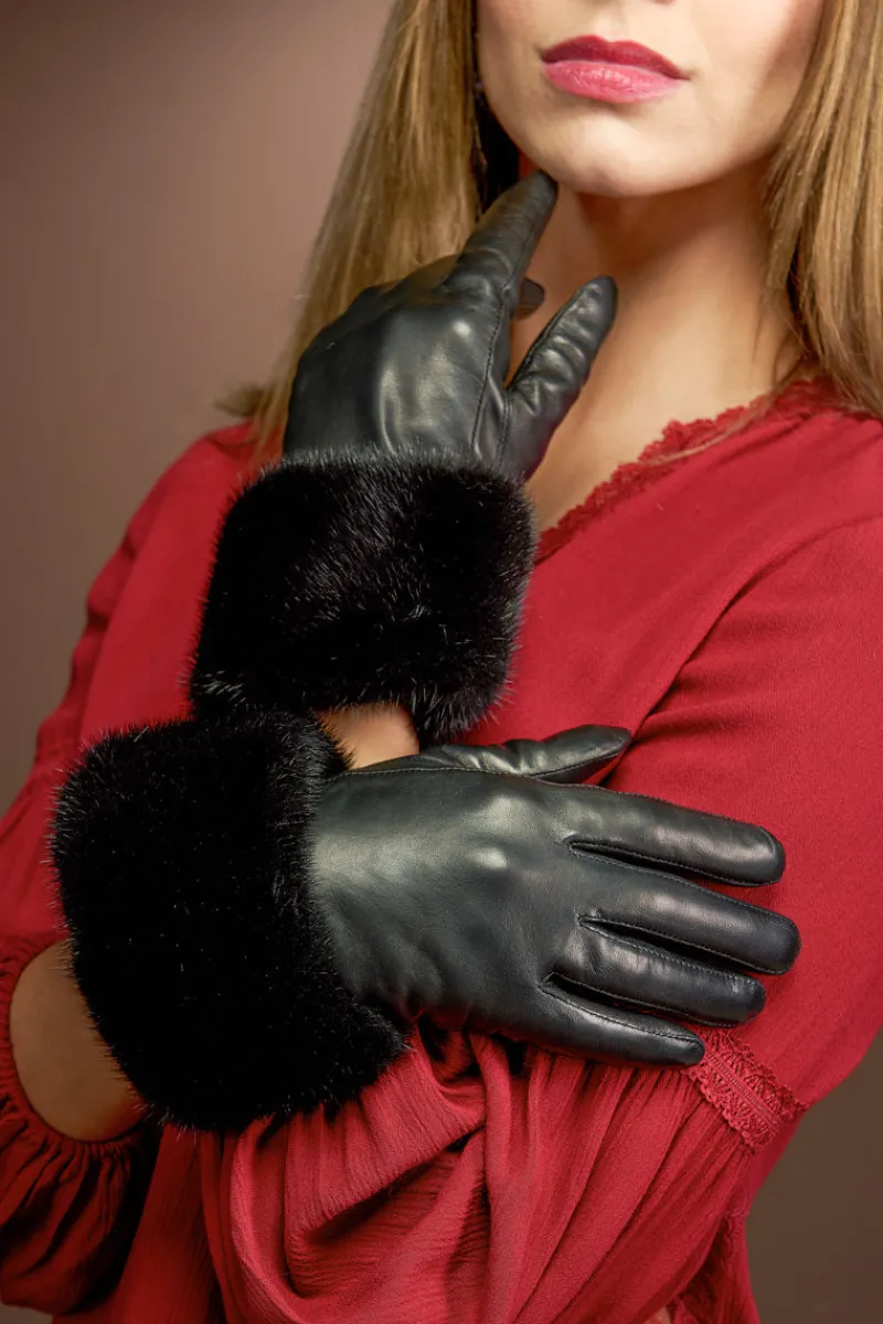Leather Gloves - Natural Mink Fur Trim Women Gloves