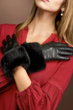 Leather Gloves - Natural Mink Fur Trim Women Gloves