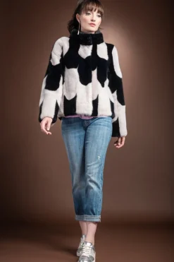 Clearance Navy and Gray Mod Print Snap Closure Mink Fur Jacket Women Fur Jackets