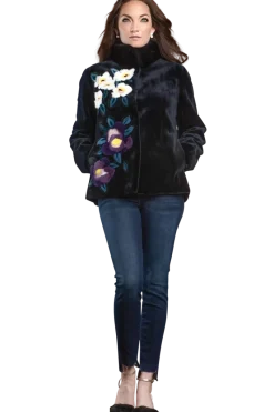 Sale Navy Floral Sheared Mink Fur Jacket Women Fur Jackets