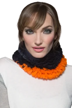 Orange and Navy Rex Rabbit Fur Funnel Women Scarves|Rex Rabbit