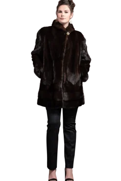 Outlet Plus Size Fashionable Mid Length Mink Fur Coat - Shawl Collar - Horizontal Hem Women Mink|Fur Coats