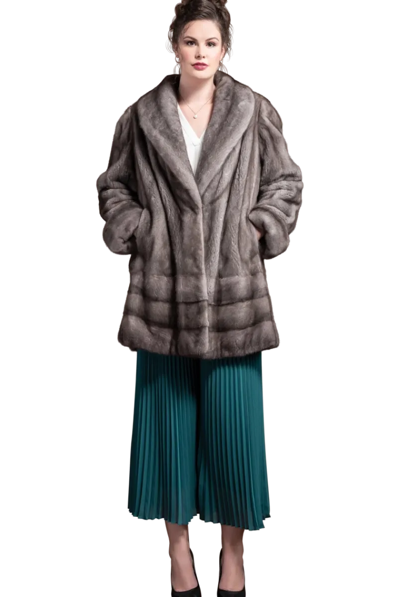 Outlet Plus Size Fashionable Mid Length Mink Fur Coat - Shawl Collar - Horizontal Hem Women Mink|Fur Coats
