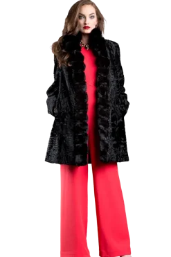Hot Reversible Swakara and Chinchilla Fitted Mid-Length Fur Coat Women Lamb|Fur Coats