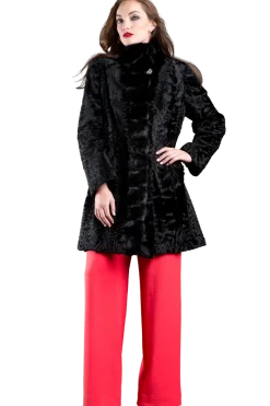 Hot Reversible Swakara and Chinchilla Fitted Mid-Length Fur Coat Women Lamb|Fur Coats