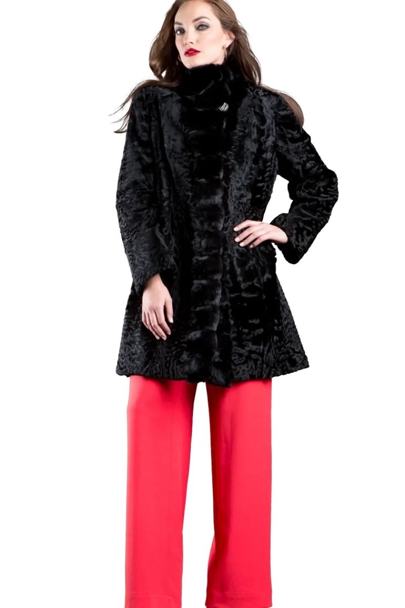 Hot Reversible Swakara and Chinchilla Fitted Mid-Length Fur Coat Women Lamb|Fur Coats