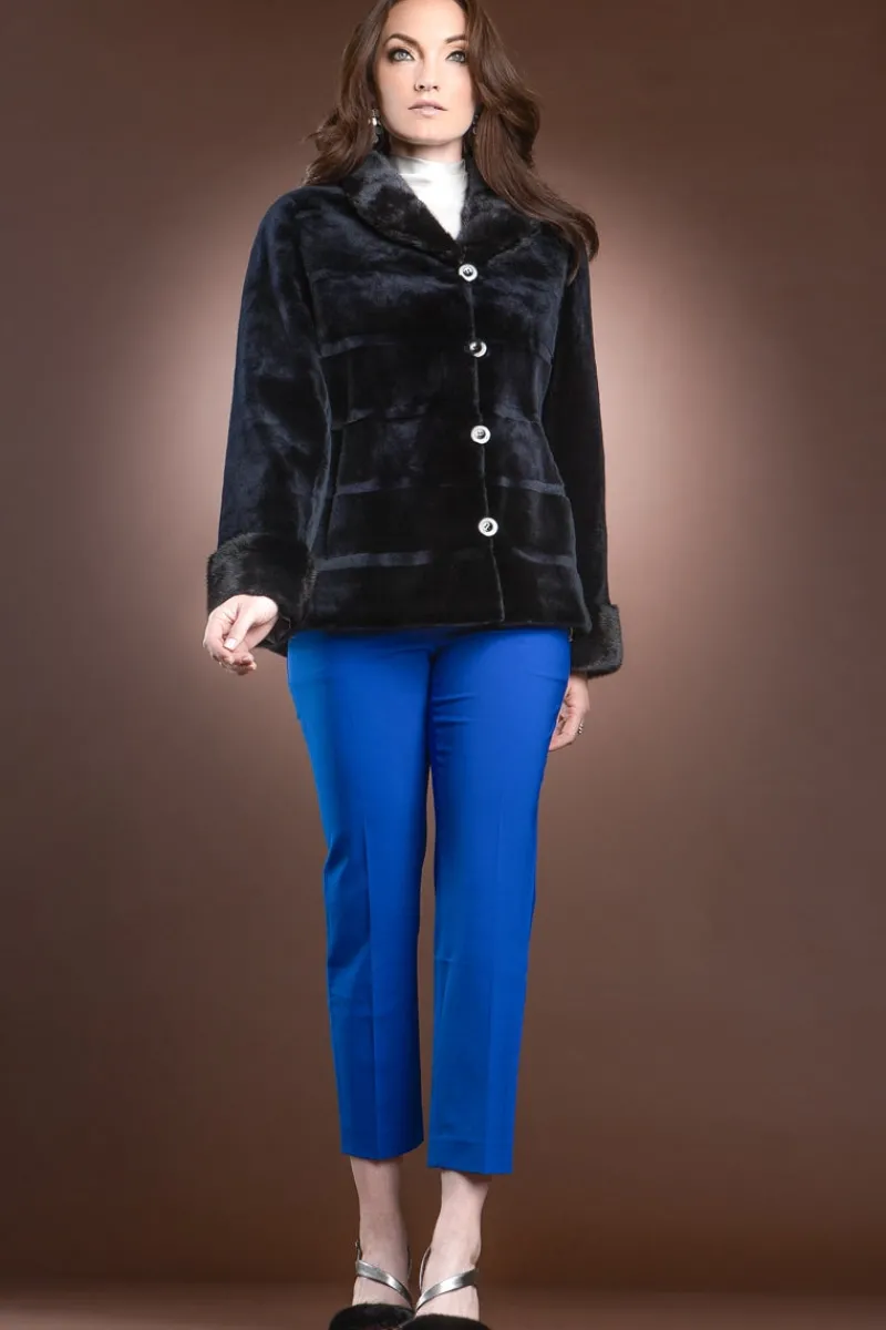 Discount Reversible 4 Button Sheared Horizontal Mink Fur Jacket - LH Mink Collar & Turn Back Cuffs Women Fur Jackets