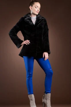 Discount Reversible Patterned Black Sheared & Long Haired Mink Fur Jacket Women Fur Jackets