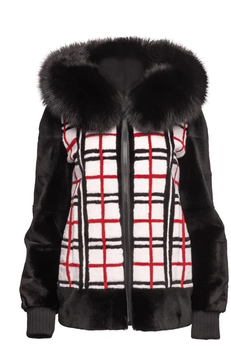 Best Reversible Plaid & Sheared Mink Fur Jacket - Fox Trimmed Hood Women Mink|Fur Jackets