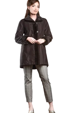 Clearance Reversible Sheared Mink Mid-Length Fur Coat - Wing Collar - TB Cuff Women Mink|Fur Coats