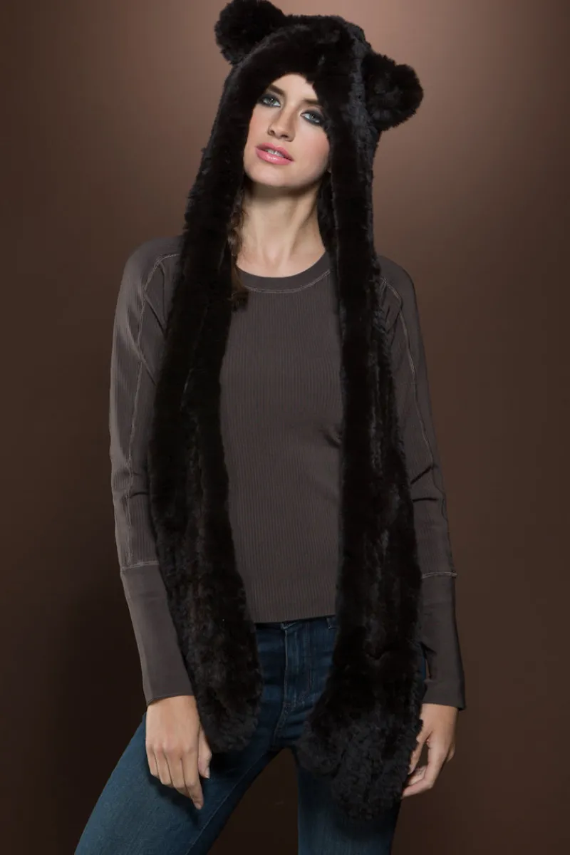 Hot Rex Rabbit Knitted Fur Hat with Ears, Scarf and Gloves Women Gloves