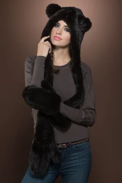 Hot Rex Rabbit Knitted Fur Hat with Ears, Scarf and Gloves Women Gloves