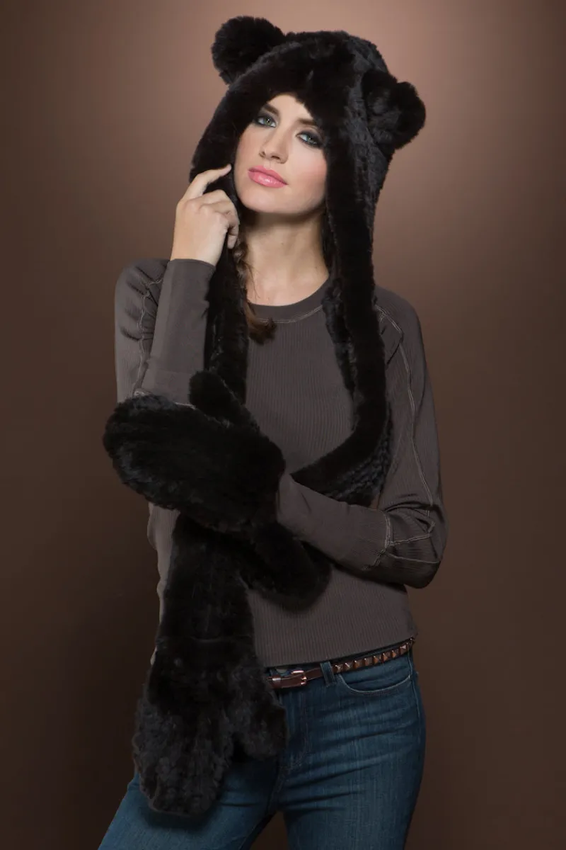 Hot Rex Rabbit Knitted Fur Hat with Ears, Scarf and Gloves Women Gloves