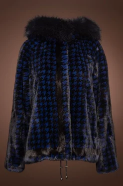 Best Royal Blue Houndstooth Print Mink Fur Jacket - Fox Fur Hood Trim Women Fur Jackets