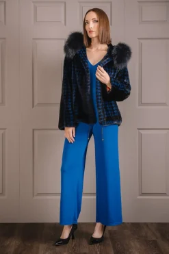 Best Royal Blue Houndstooth Print Mink Fur Jacket - Fox Fur Hood Trim Women Fur Jackets