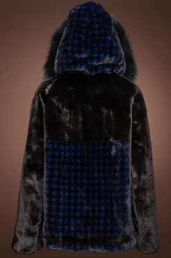 Best Royal Blue Houndstooth Print Mink Fur Jacket - Fox Fur Hood Trim Women Fur Jackets