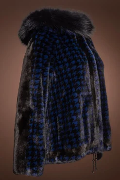 Best Royal Blue Houndstooth Print Mink Fur Jacket - Fox Fur Hood Trim Women Fur Jackets
