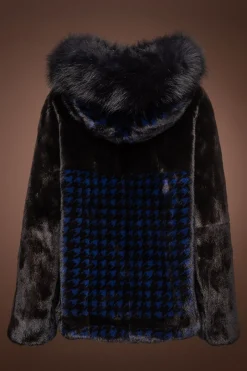 Best Royal Blue Houndstooth Print Mink Fur Jacket - Fox Fur Hood Trim Women Fur Jackets