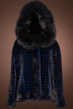 Best Royal Blue Houndstooth Print Mink Fur Jacket - Fox Fur Hood Trim Women Fur Jackets