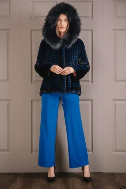 Best Royal Blue Houndstooth Print Mink Fur Jacket - Fox Fur Hood Trim Women Fur Jackets