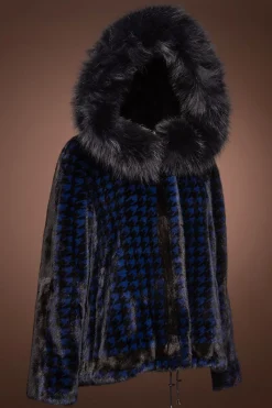 Best Royal Blue Houndstooth Print Mink Fur Jacket - Fox Fur Hood Trim Women Fur Jackets