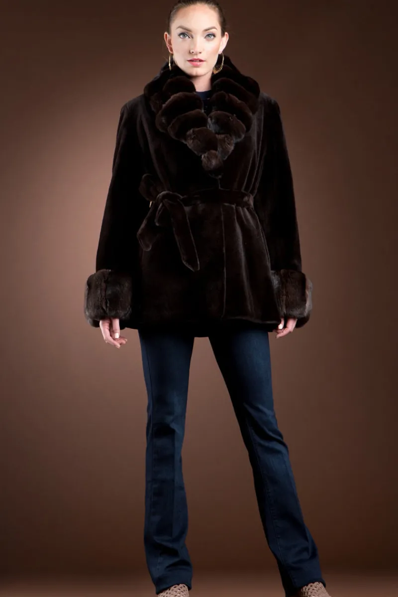 Hot Sheared Mink and Chinchilla Fur Jacket - Notch Collar Women Fur Jackets