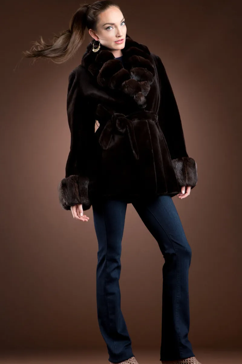 Hot Sheared Mink and Chinchilla Fur Jacket - Notch Collar Women Fur Jackets