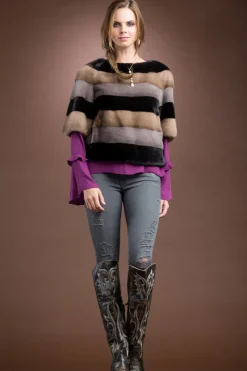 Discount Tri - Color Horizontal Mink Fur Pull - Over with Side Zipper Women Fur Jackets
